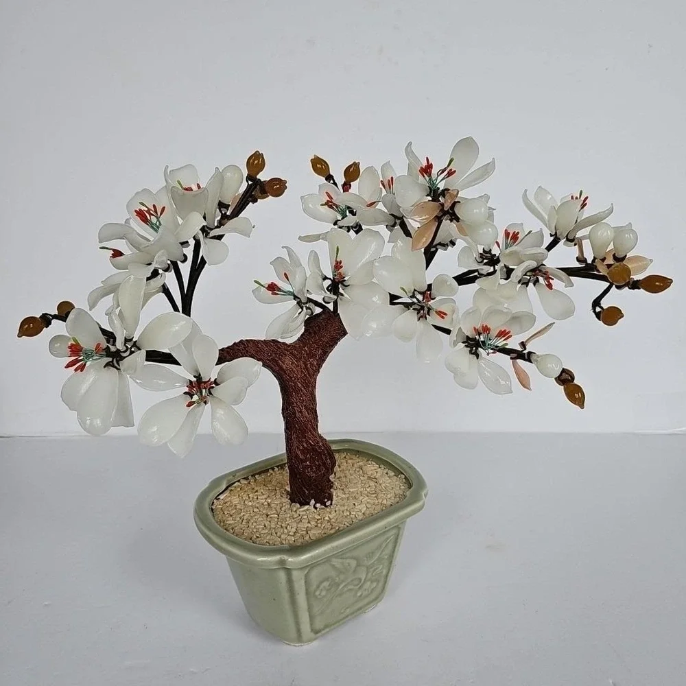 Vintage Chinese Glass Bonsai Tree White Flower Celadon Pot Chinoiserie Decor